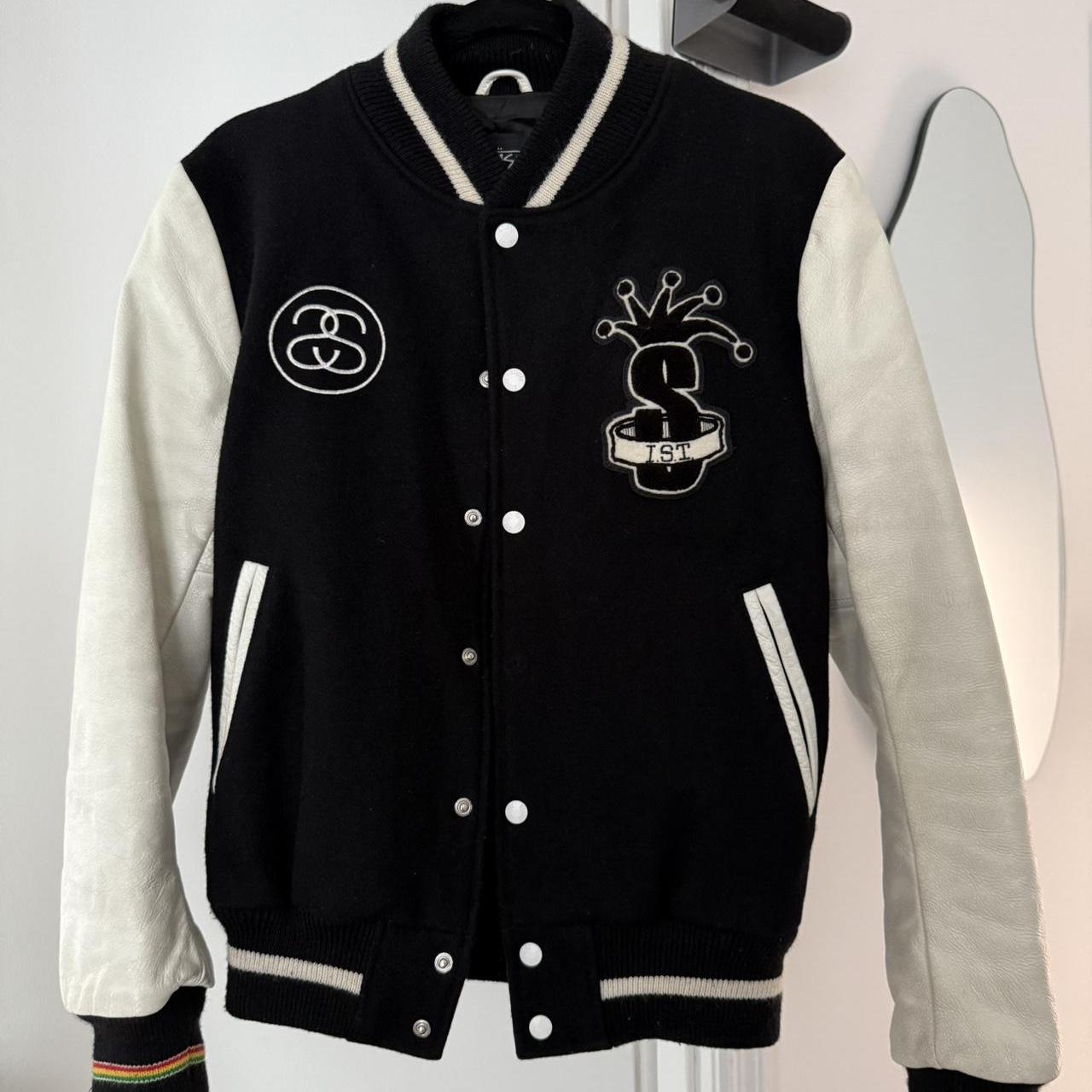 White stussy-varsity-jacket - Depop